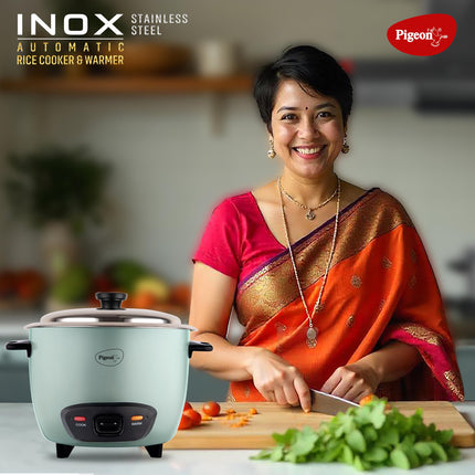 Pigeon Inox Rice Cooker with Double pot, 1.8 litres | Stainless Steel Lid | 700 Watts | 2 Steel Cooking Pot | Measuring Cup | Spatula | Energy Efficient Cooking 