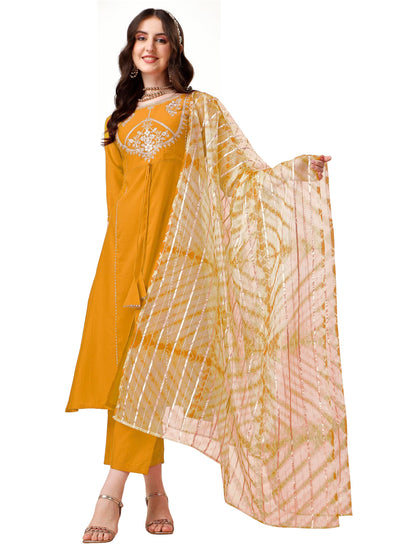 EthnicJunction Women's Chinon Embroidered Straight Front Slit Kurta Palazzo & Organza Dupatta Set