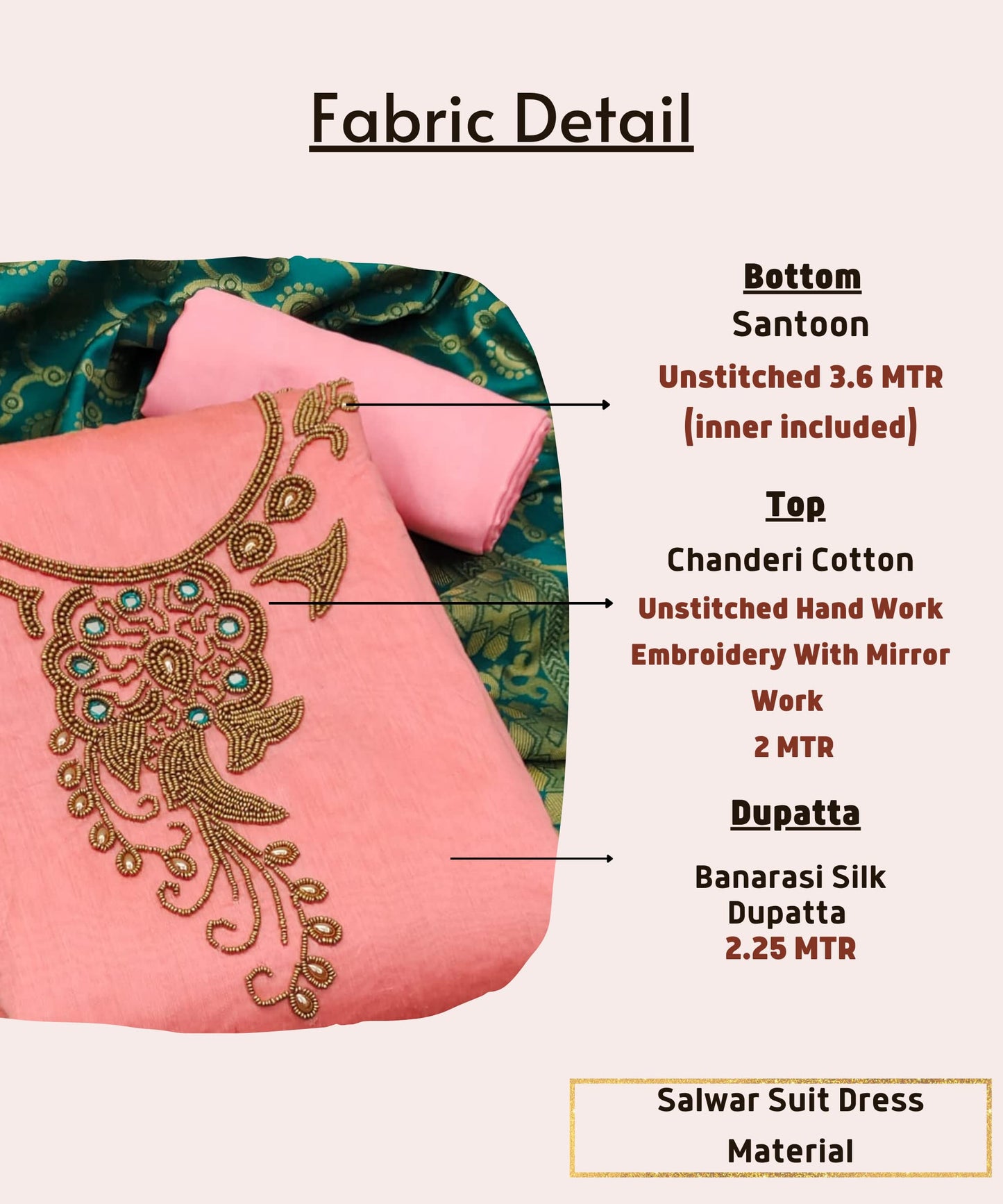 EthnicJunction Women's Chanderi Cotton Hand Embroidered Work Unstitched Salwar Suit Material With Banarasi Dupatta