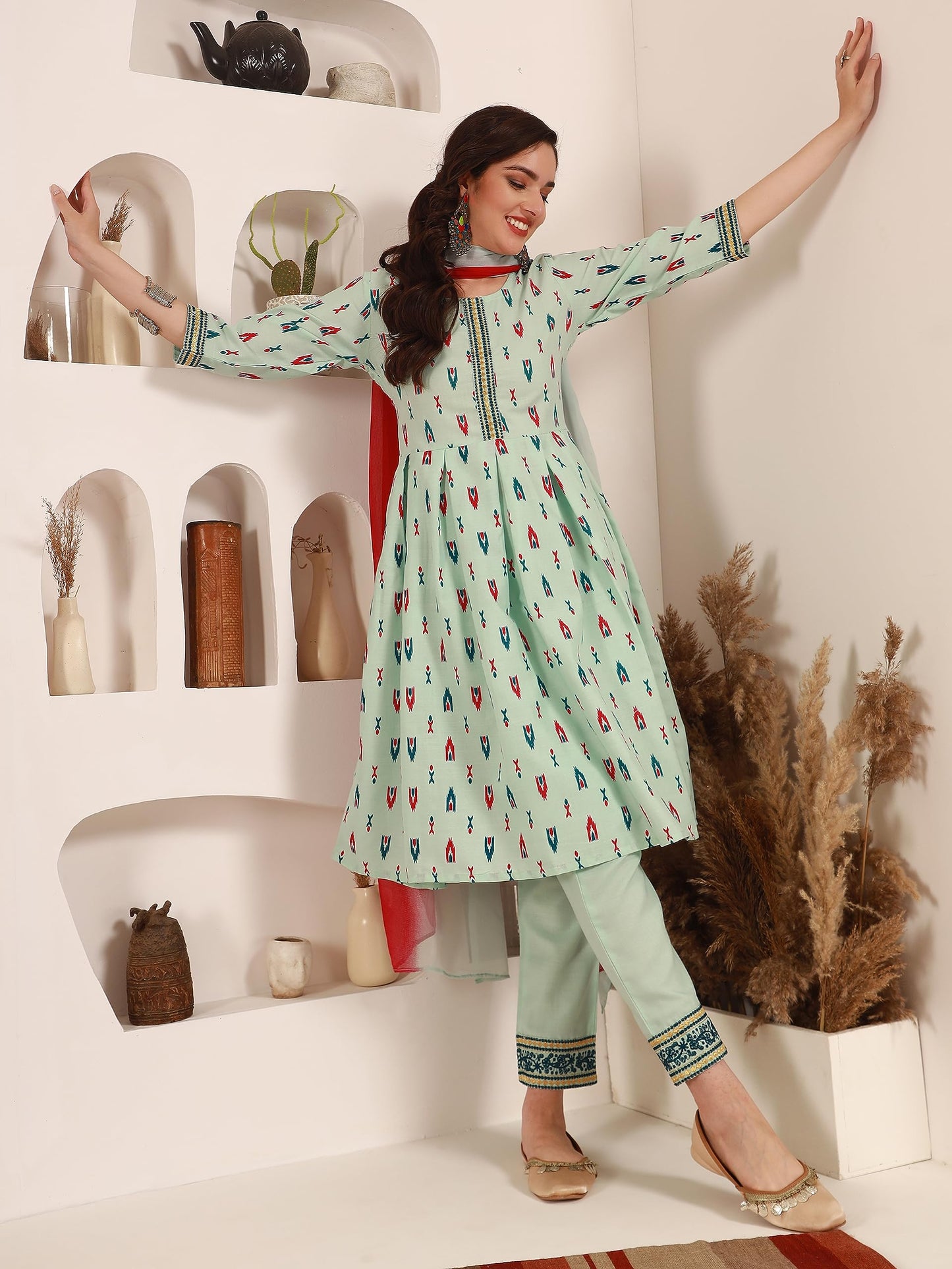 EthnicJunction Women's Geometric Print Cotton Blend A-Line Kurta Pant with Dupatta Set