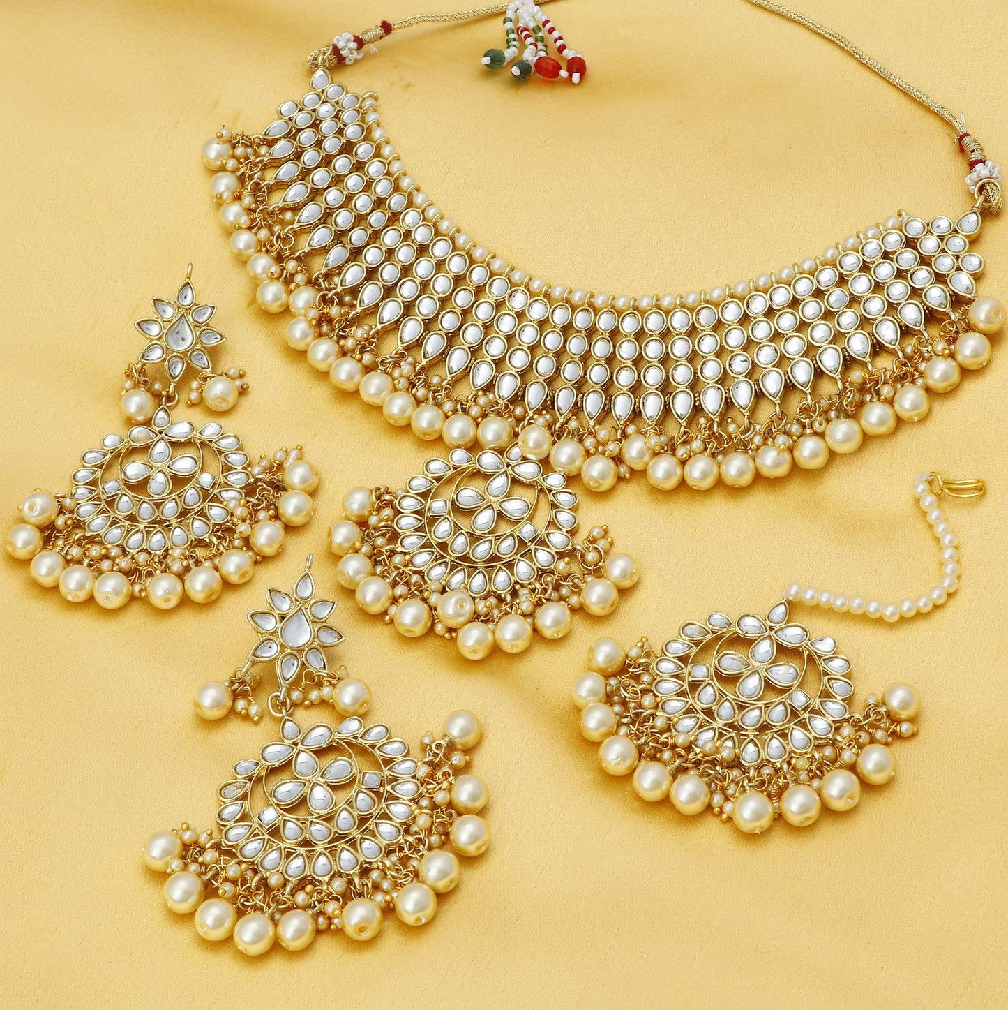 Sukkhi Trendy Kundan Gold Plated Pearl Choker Necklace Set with Dangler Earrings & Maangtikka for Women & Girls (N73544)