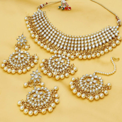 Sukkhi Trendy Kundan Gold Plated Pearl Choker Necklace Set with Dangler Earrings & Maangtikka for Women & Girls (N73544)