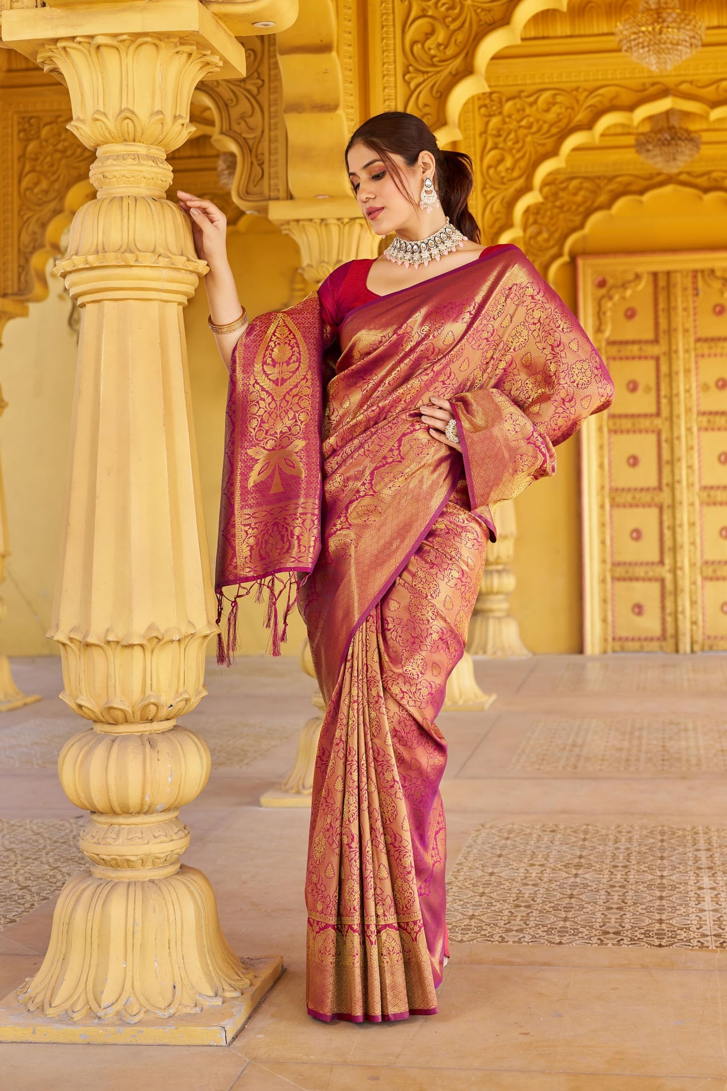 SWORNOF Womens Kanjivaram Silk Saree with Zari Woven Saree With Blouse Piece