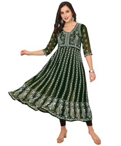 EthnicJunction Women's Lucknowi Chikankari Embroidered Thread Work Georgette Anarkali Kurta