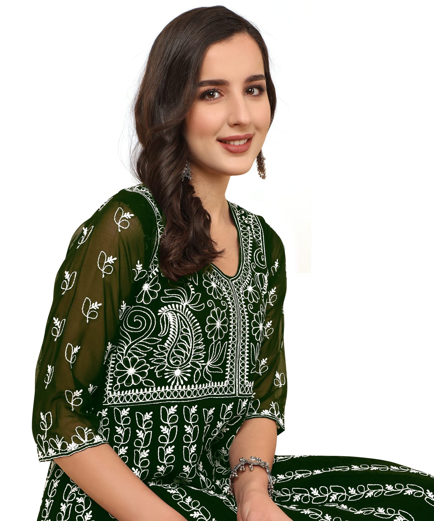 EthnicJunction Women's Lucknowi Chikankari Embroidered Thread Work Georgette Anarkali Kurta