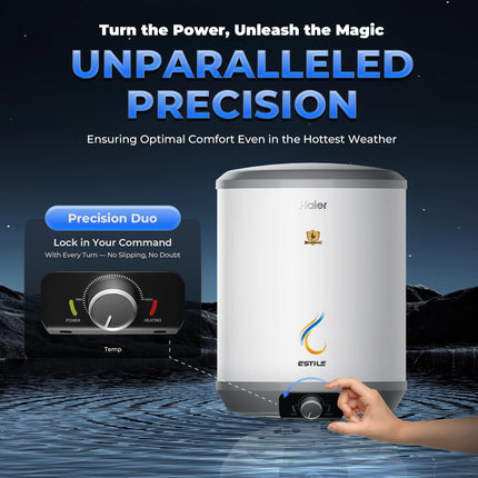 Haier Estile Water Geyser 25 Litre 2200W Faster Heating Storage Water Heater with Pipe 5 Star Free Installation ABS Body| Shock Proof| Glasslined Tank| High Rise Compatible| Bacteria Proof System 