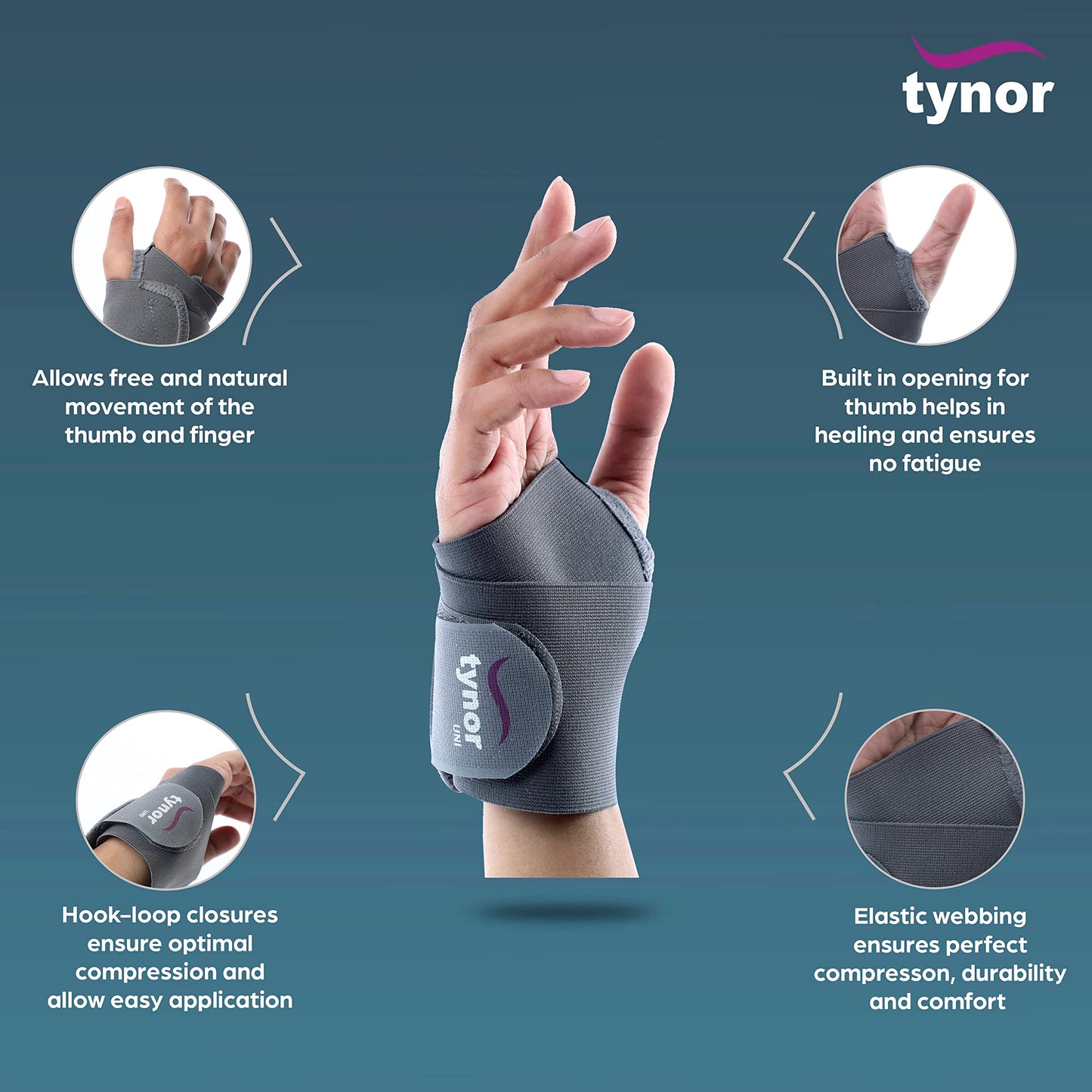 Tynor Wrist Brace with Thumb, Support for Pain Relief & Stabilization | Lightweight & Breathable Wrist Support for Arthritis, Sprains, Tendonitis, Carpal Tunnel | Universal Fit (Grey, 1 Unit)