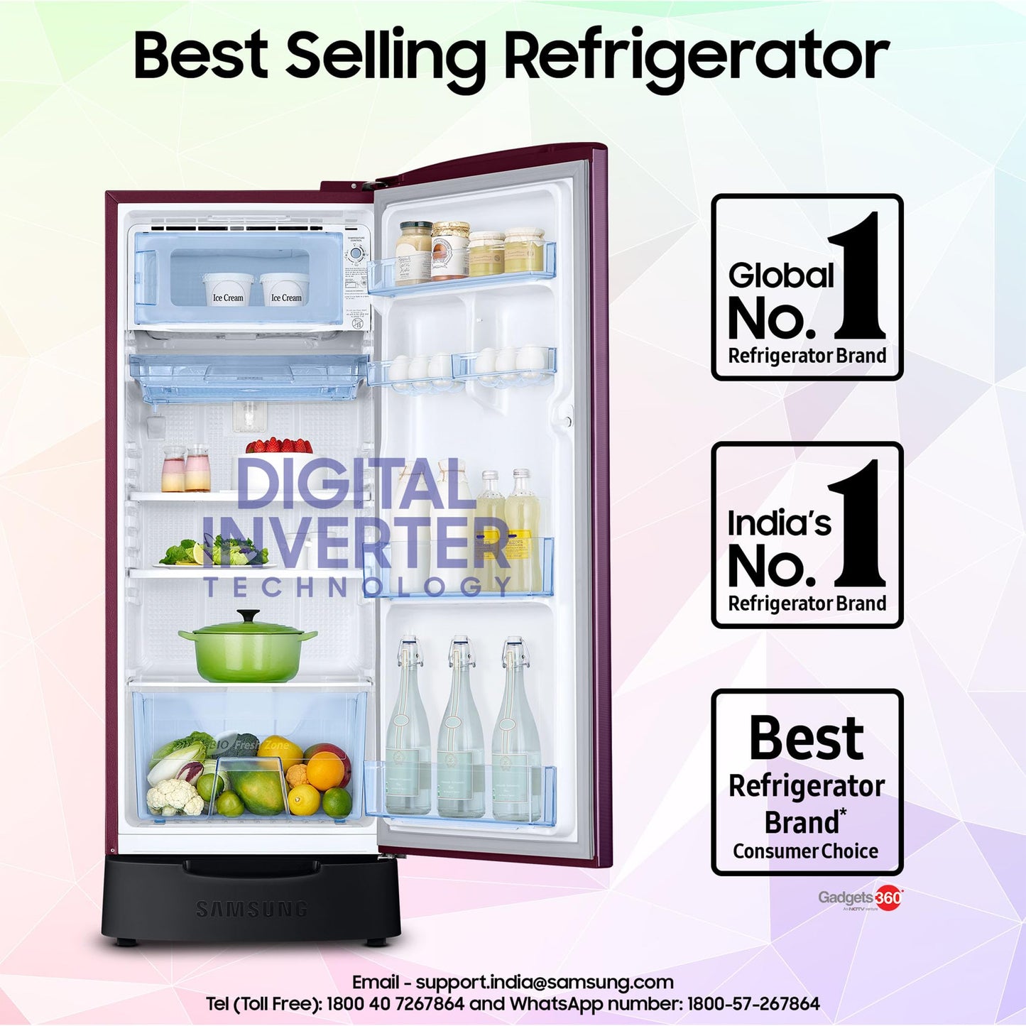 Samsung 183 L, 4 Star, Digital Inverter, Direct-Cool Single Door Refrigerator (RR20C1824CR/HL, Red, Camellia Purple, Base Stand Drawer, 2024 Model)