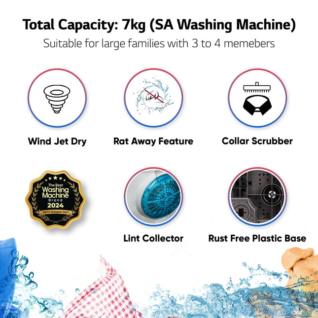 LG 7 Kg 5 Star Wind Jet Dry Semi-Automatic Top Loading Washing Machine (P7020NGAZ, Dark Gray, Rat Away Feature)