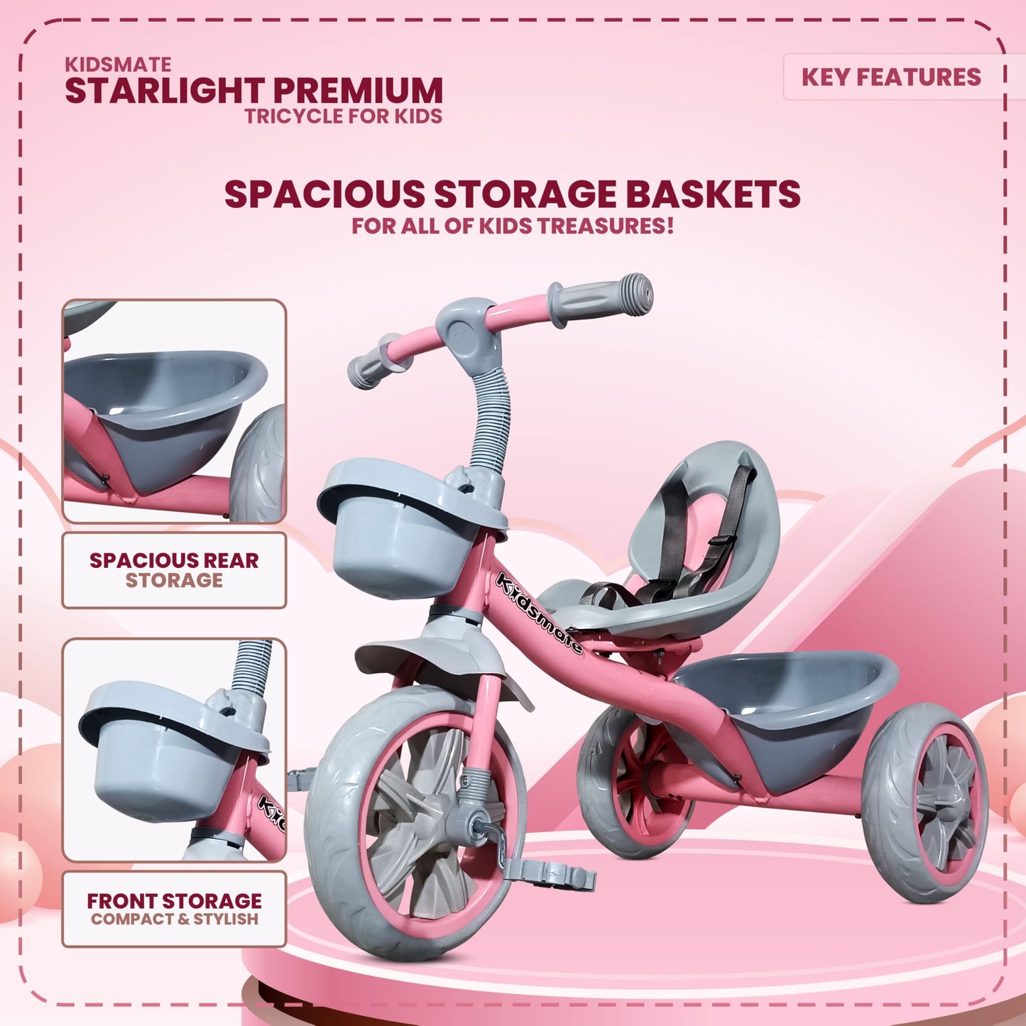 Kidsmate Junior Tricycle for Kids with Parental Control | Cycle for Kids 1-4 Years | Baby Cycle | Bicycle for Kids with Storage Basket, Cushion Seat and Seat Belt Carrying Capacity 30 Kgs (Pink)