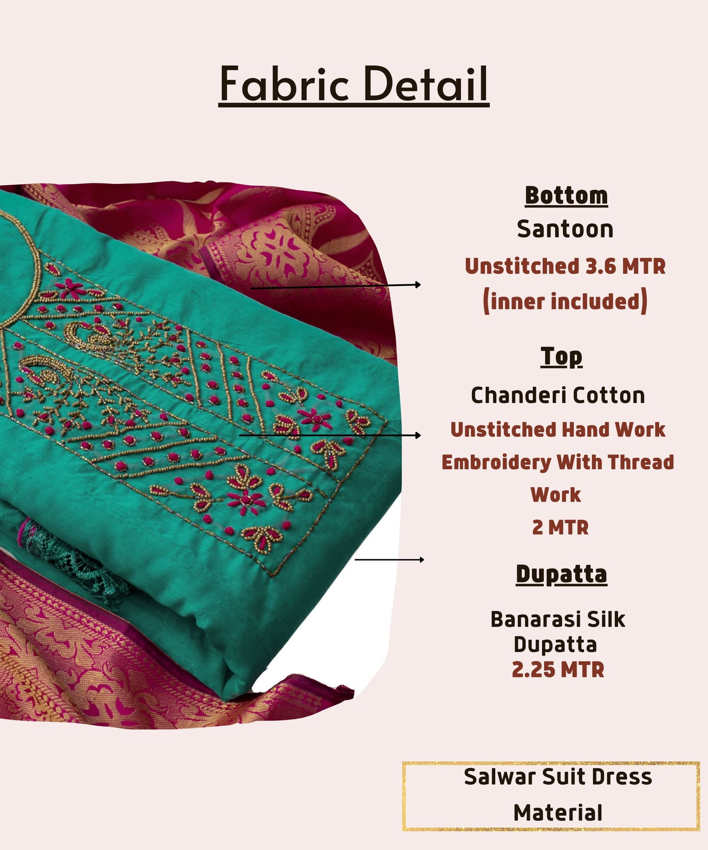 EthnicJunction Women's Chanderi Cotton Hand Embroidered Work Unstitched Salwar Suit Material With Banarasi Dupatta