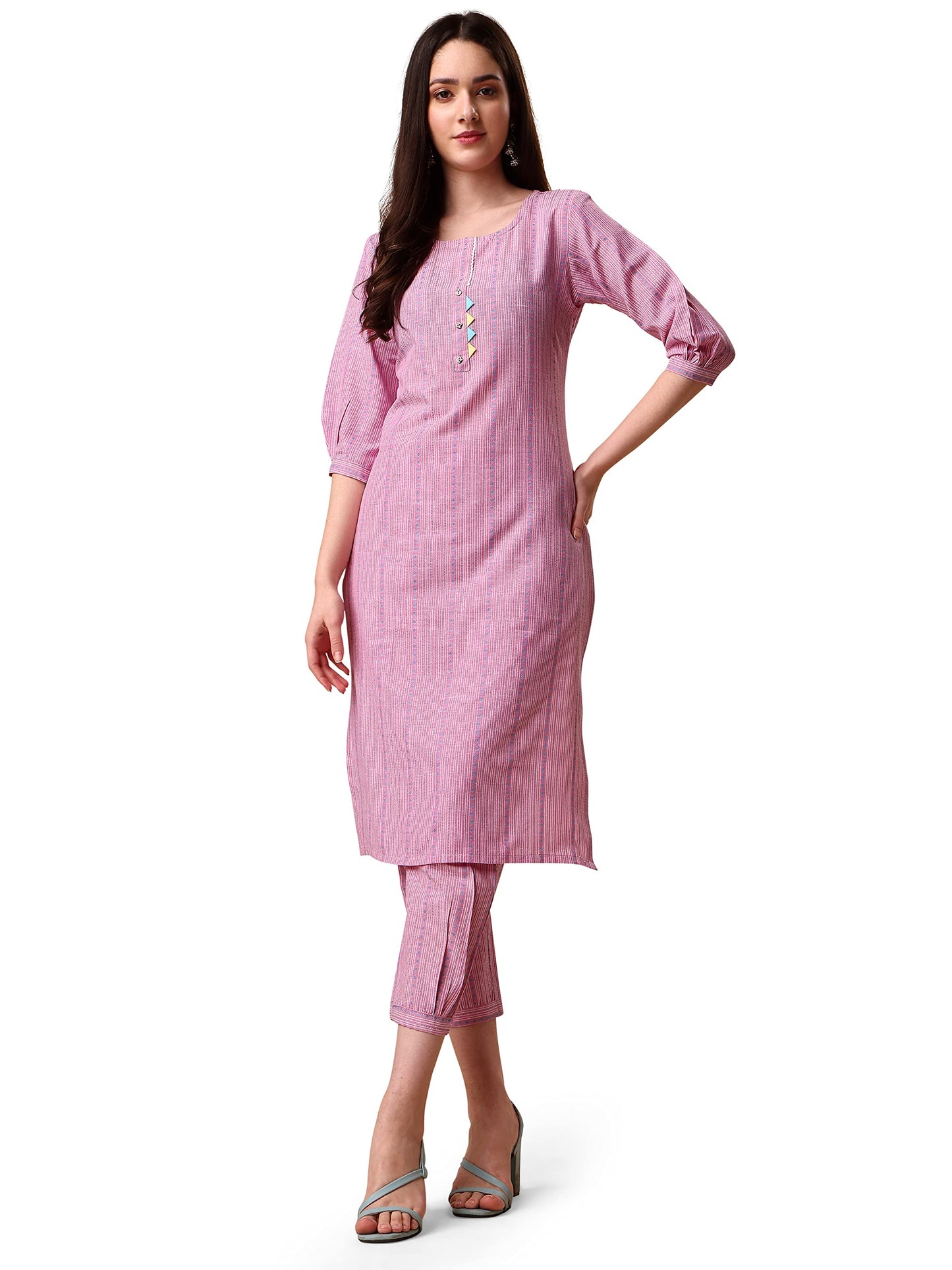 EthnicJunction Women's Rayon Woven Striped Work Straight Kurta With Pant