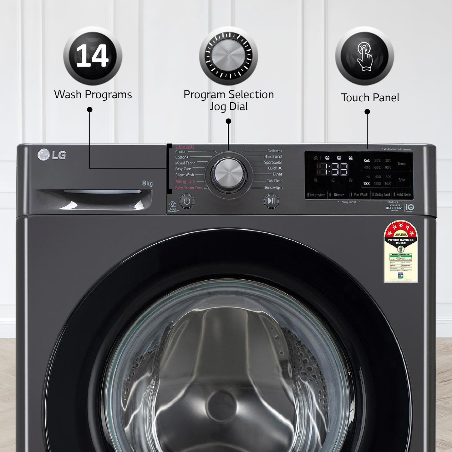 LG 7 Kg, 5 Star, Direct Drive Technology, Steam Wash, 6 Motion DD, Smart Diagnosis, Fully-Automatic Front Load Washing Machine (FHM1207SDM, Allergy Care, In-Built Heater, Touch Panel, Middle Black)