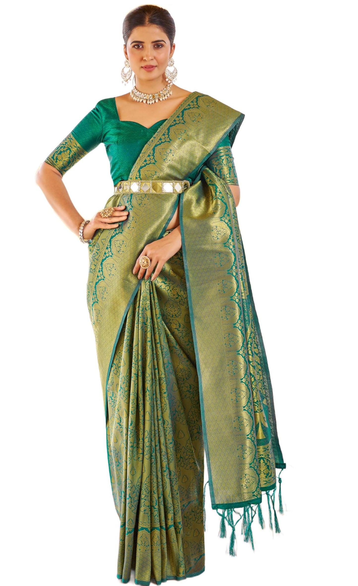 SWORNOF Womens Kanjivaram Silk Saree with Zari Woven Saree With Blouse Piece