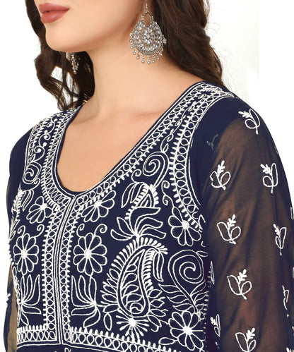 EthnicJunction Women's Lucknowi Chikankari Embroidered Thread Work Georgette Anarkali Kurta