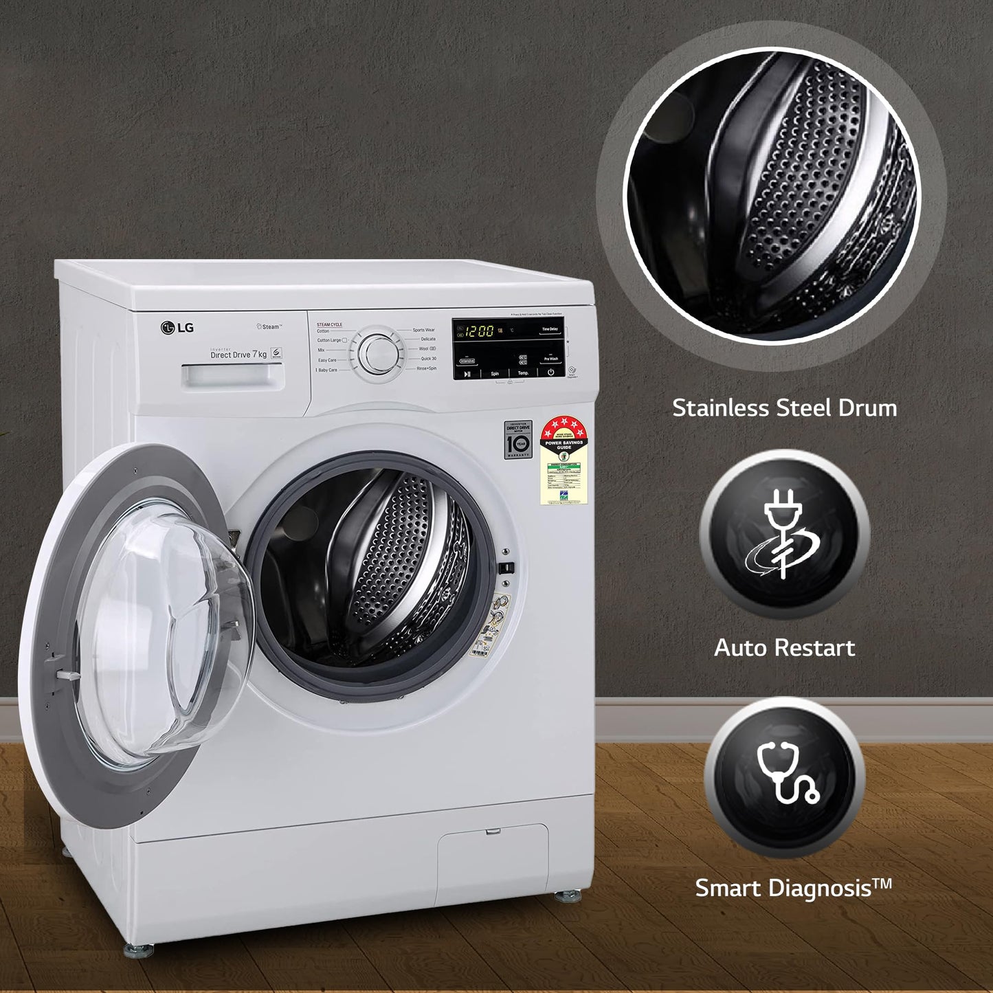 LG 6.5 Kg, 5 Star, Direct Drive Technology, Steam Wash, 6 motion DD, Smart Diagnosis, Fully Automatic Front Load Washing Machine (FHM1065SDW, Allergy Care, In-Built Heater, Touch Panel, White)