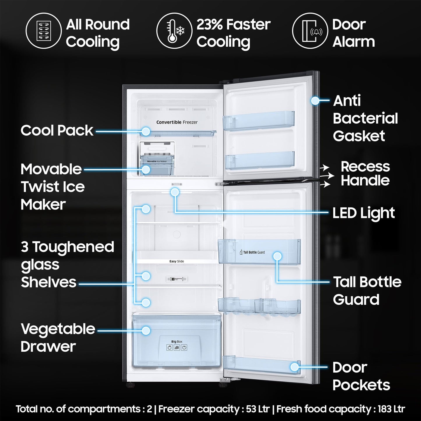 Samsung 236 L, 3 Star, Convertible, Digital Inverter with Display Frost Free Double Door Refrigerator (RT28C3733S8/HL, Silver, Elegant Inox, 2024 Model)