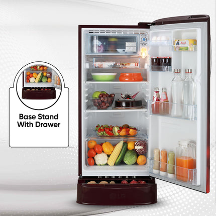 LG 185 L 5 Star Inverter Direct-Cool Single Door Refrigerator (GL-D201APZU, Shiny Steel, Base stand with drawer)