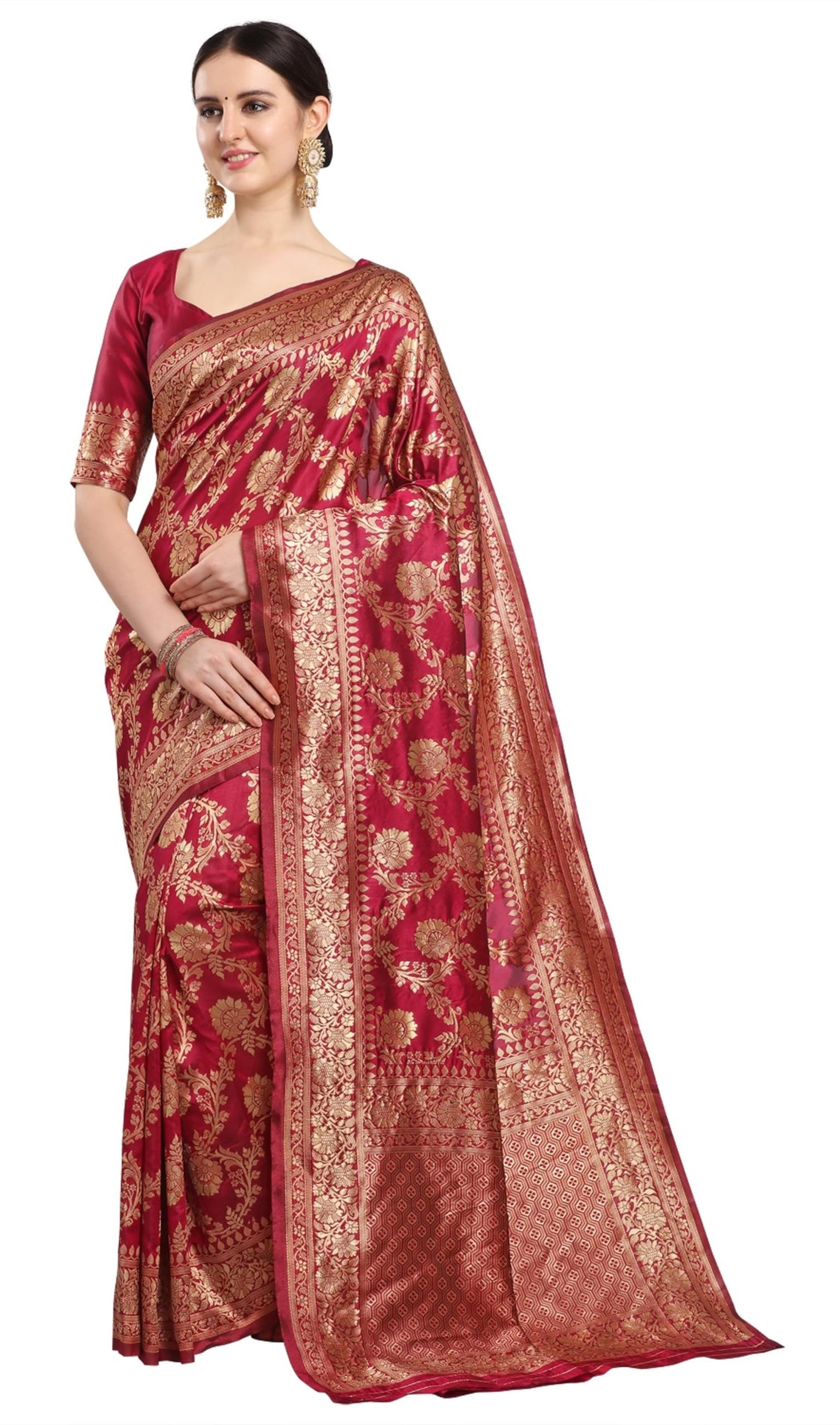 EthnicJunction Women's Kanchipuram Silk Half and Half Woven Saree With Blouse Piece