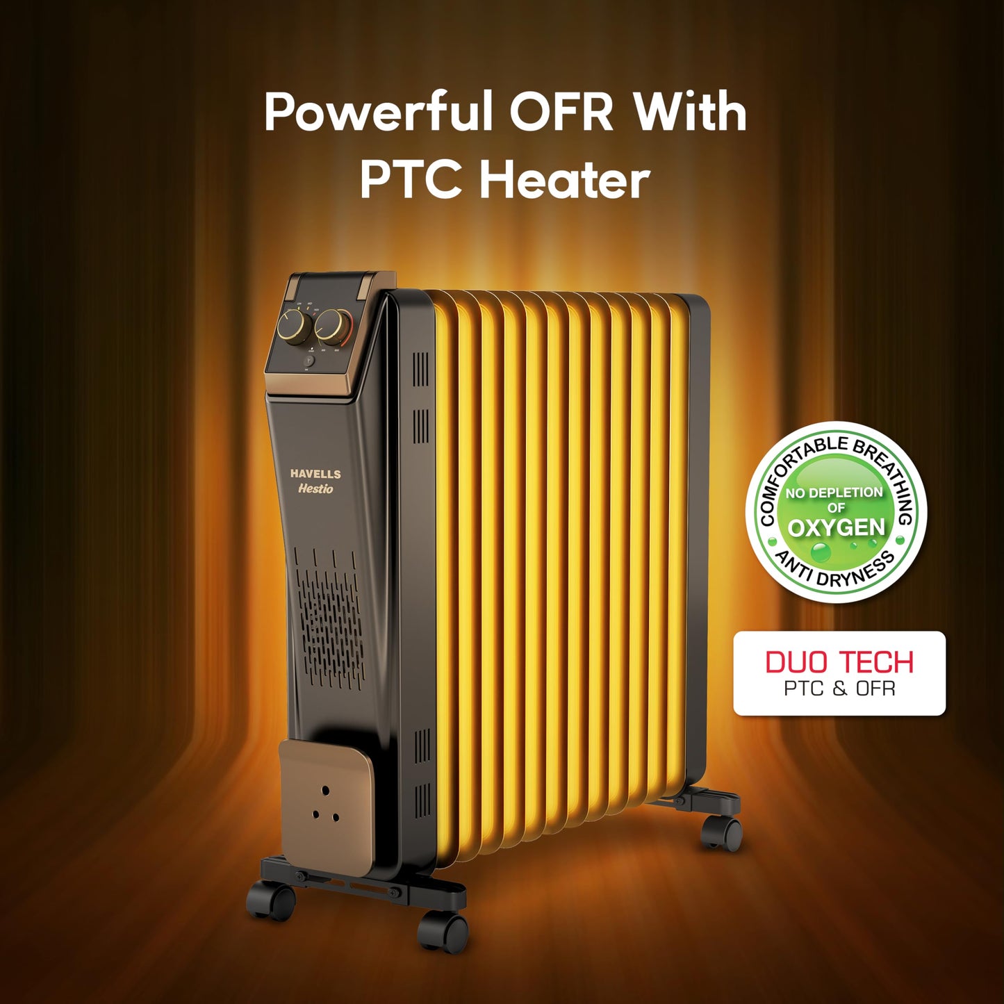 Havells 13 Fin Hestio Wave Fin OFR (Oil Filled Radiator)|Room Heater|2900 W|3 Heat Settings & PTC Fan Heater|Inclined Control Panel|Retractable Wheels| Comfortable Breathing|360° Heating (Black)