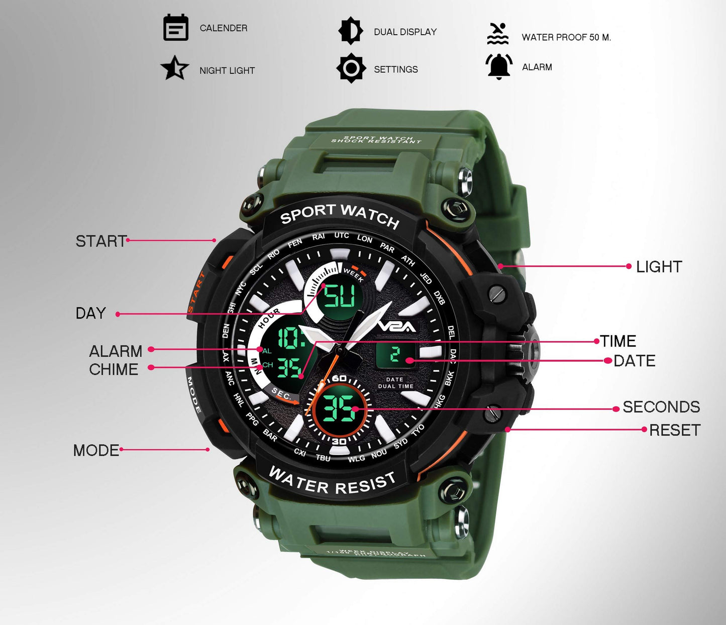 V2A Outdoor Sport Shockproof Led Analogue And Digital Waterproof Chronograph Watch For Men ( Multicolor )