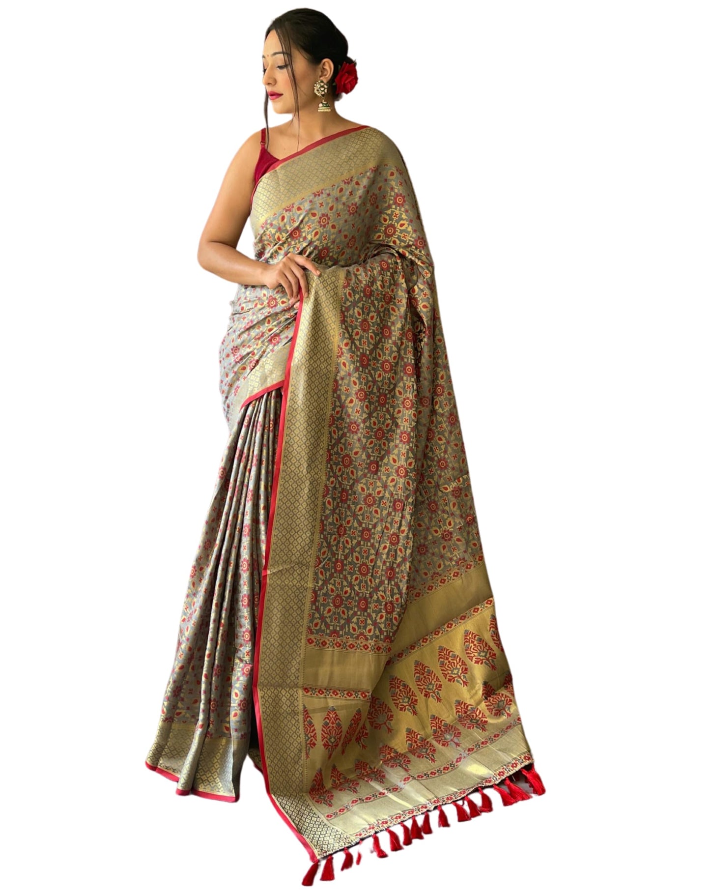 SGF11 Women's Kanjivaram patola Soft Lichi Silk Sarees With Unstitched Blouse Piece