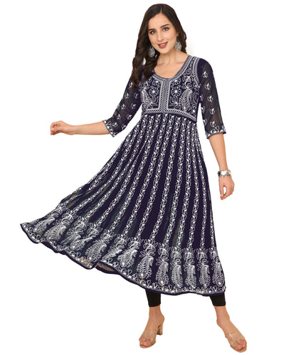 EthnicJunction Women's Lucknowi Chikankari Embroidered Thread Work Georgette Anarkali Kurta