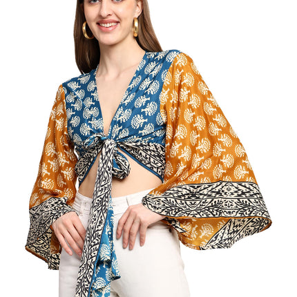 KE Kanha exportsWomen’s and Girls/Ladies Wrap Around Tops Beach wear Tunic Top V Neck Silk Casual Sleeve Printed Top Relaxed Fit Free Size