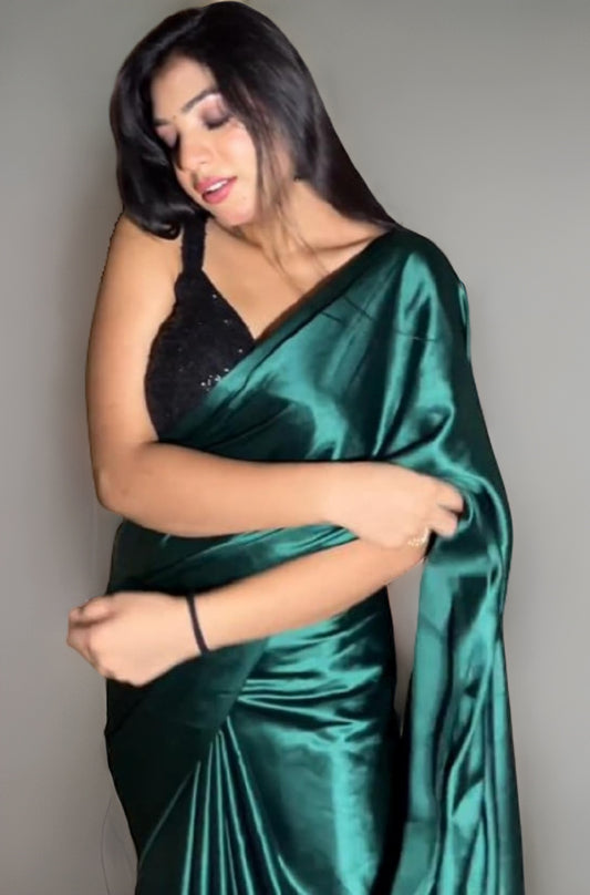 SATAZ Women's Ready to Wear Green Sequin Satin Silk 1 Minute Pre Pleated Readymade Saree with Black Unstiched Blouse