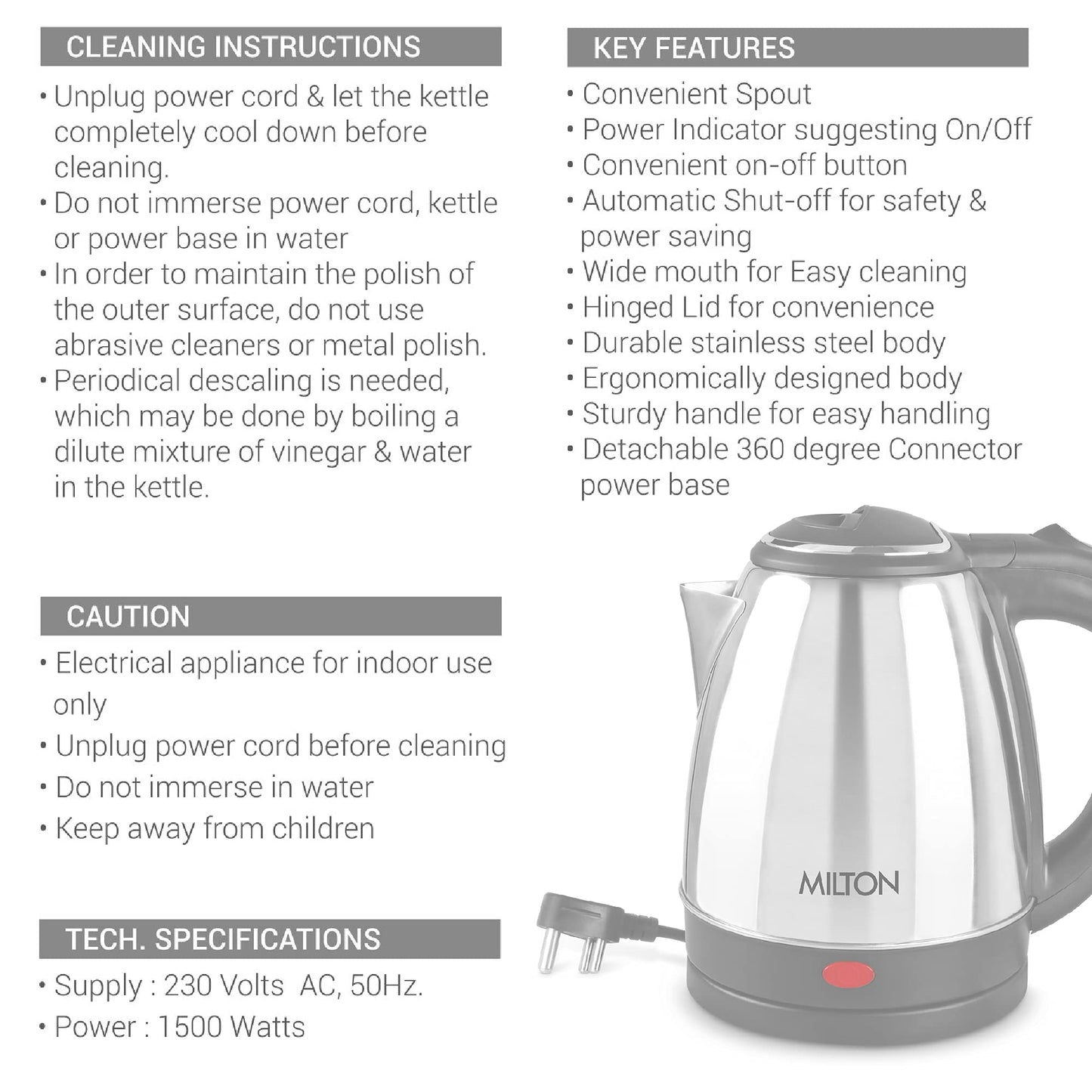 Milton Euroline Go Electro 2.0 Stainless Steel Electric Kettle, 1 Piece, 2 Litre, Silver, Power Indicator, 1500 Watts, Auto Cut-off, Detachable 360 Degree Connector, Boiler for Water, Instant Noodles