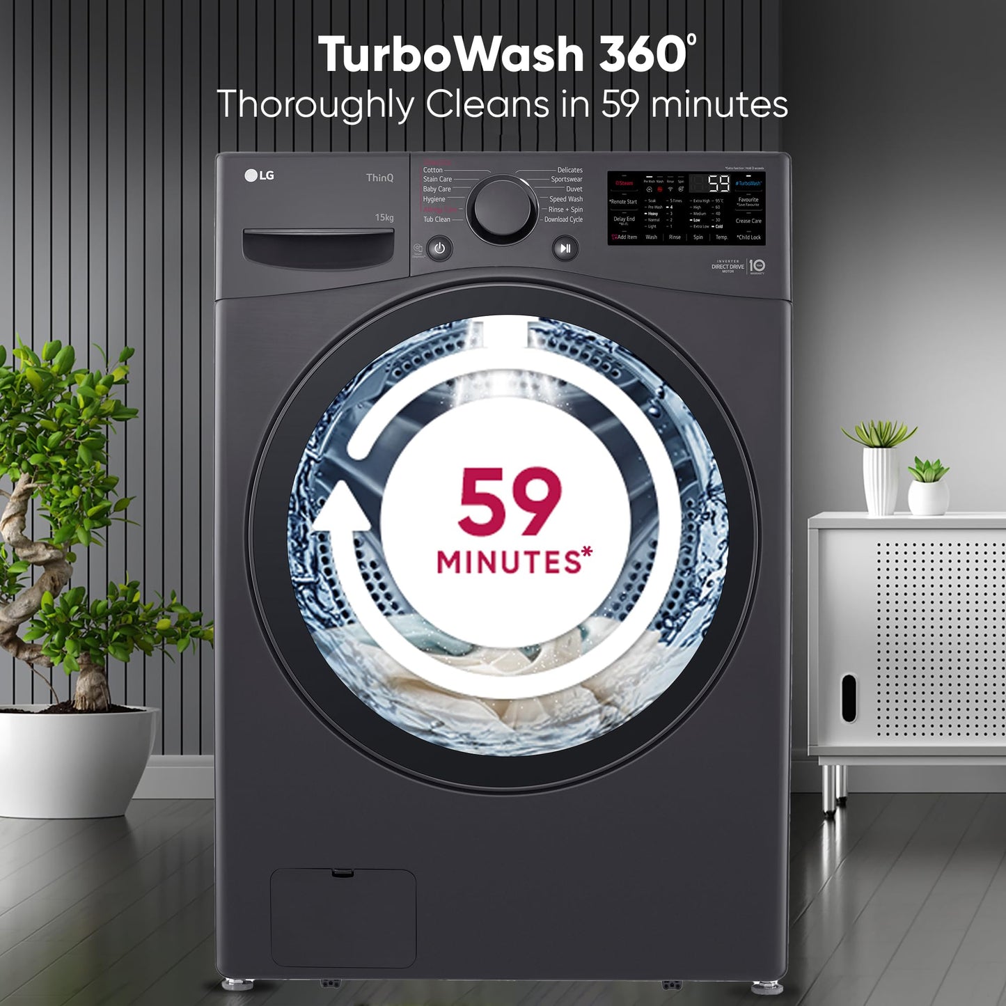 LG 7 Kg, 5 Star, Direct Drive Technology, Steam Wash, 6 Motion DD, Smart Diagnosis, Fully-Automatic Front Load Washing Machine (FHM1207SDM, Allergy Care, In-Built Heater, Touch Panel, Middle Black)