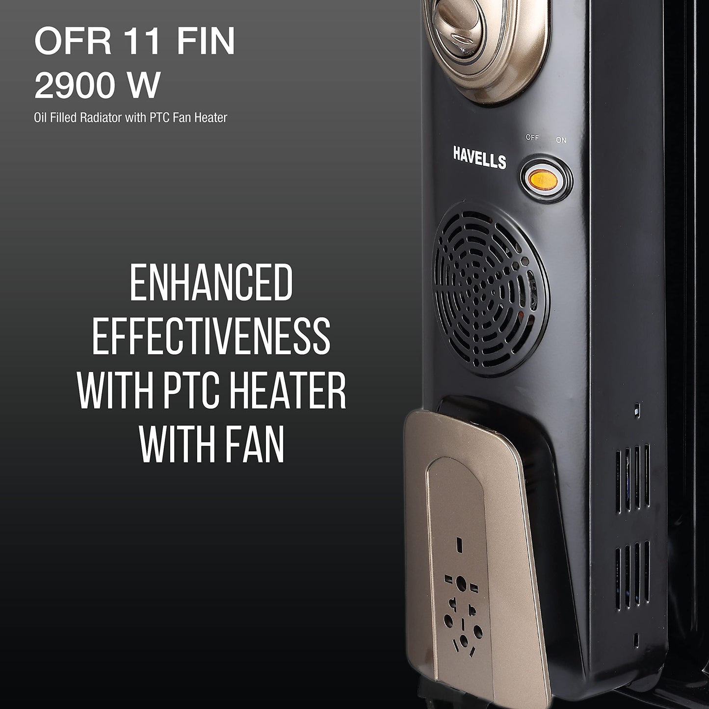 Havells 11 Fin Hestio Straight Fin OFR (Oil Filled Radiator)|Room Heater|2900 W|3 Heat Settings & PTC Fan Heater|Inclined Control Panel|Retractable Wheels| Comfortable Breathing|360° Heating (Black)