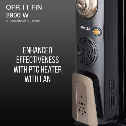 Havells 11 Fin Hestio Straight Fin OFR (Oil Filled Radiator)|Room Heater|2900 W|3 Heat Settings & PTC Fan Heater|Inclined Control Panel|Retractable Wheels| Comfortable Breathing|360° Heating (Black)