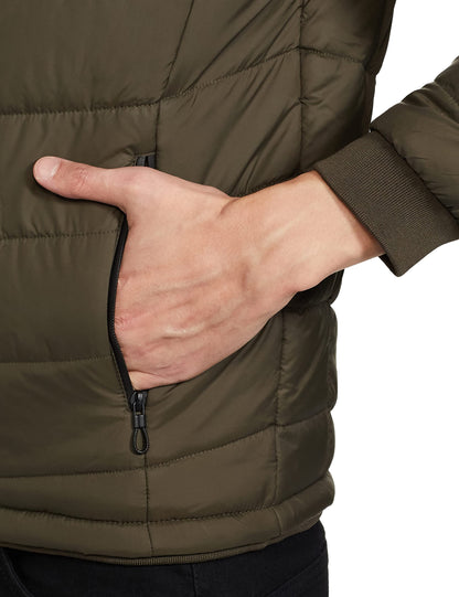 Men's Regular Fit Quilted Bomber Jacket with Detachable Hood - Winter Warm, Insulated Lining, Ribbed Cuffs, and Stylish Design