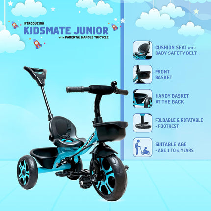 Kidsmate Junior Tricycle for Kids with Parental Control | Cycle for Kids 1-4 Years | Baby Cycle | Bicycle for Kids with Storage Basket, Cushion Seat and Seat Belt Carrying Capacity 30 Kgs (Blue) 