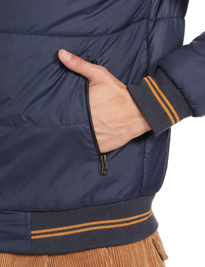 Men's Regular Fit Quilted Bomber Jacket with Detachable Hood - Winter Warm, Insulated Lining, Ribbed Cuffs, and Stylish Design