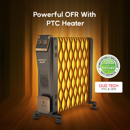 Havells Hestio 15 Straight Fin OFR (Oil Filled Radiator)|Room Heater|2900 W|3 Heat Settings & PTC Fan Heater|Inclined Control Panel|Retractable Wheels| Comfortable Breathing|360° Heating (Black)