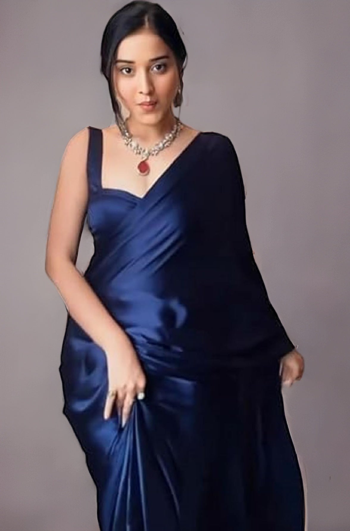 SATAZ Women's Ready to Wear Navy Blue Plain Satin Silk 1 Minute Pre Pleated Saree with Unstiched Blouse