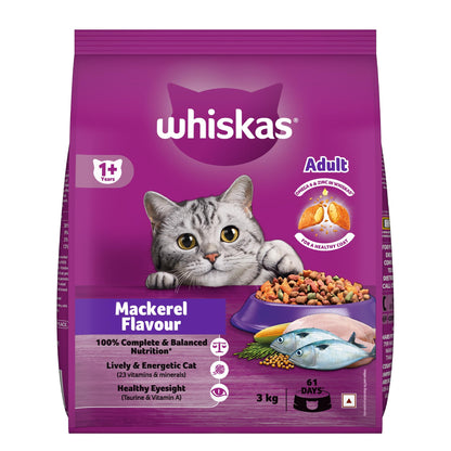 Whiskas Adult (1+ Years) Dry Cat Food, Mackerel Flavour, 480 g, Contains 41 Essential Nutrients, Complete & Balanced Nutrition for Adult Cats