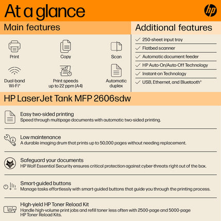 HP Laserjet Tank MFP 2606sdw, Wireless, Print, Copy, Scan, 40-Sheet ADF, Hi-Speed USB 2.0, Ethernet, Bluetooth LE, Up to 22 ppm, 250-sheet Input Tray, 1-Year Warranty, Black and White, 381U2A 