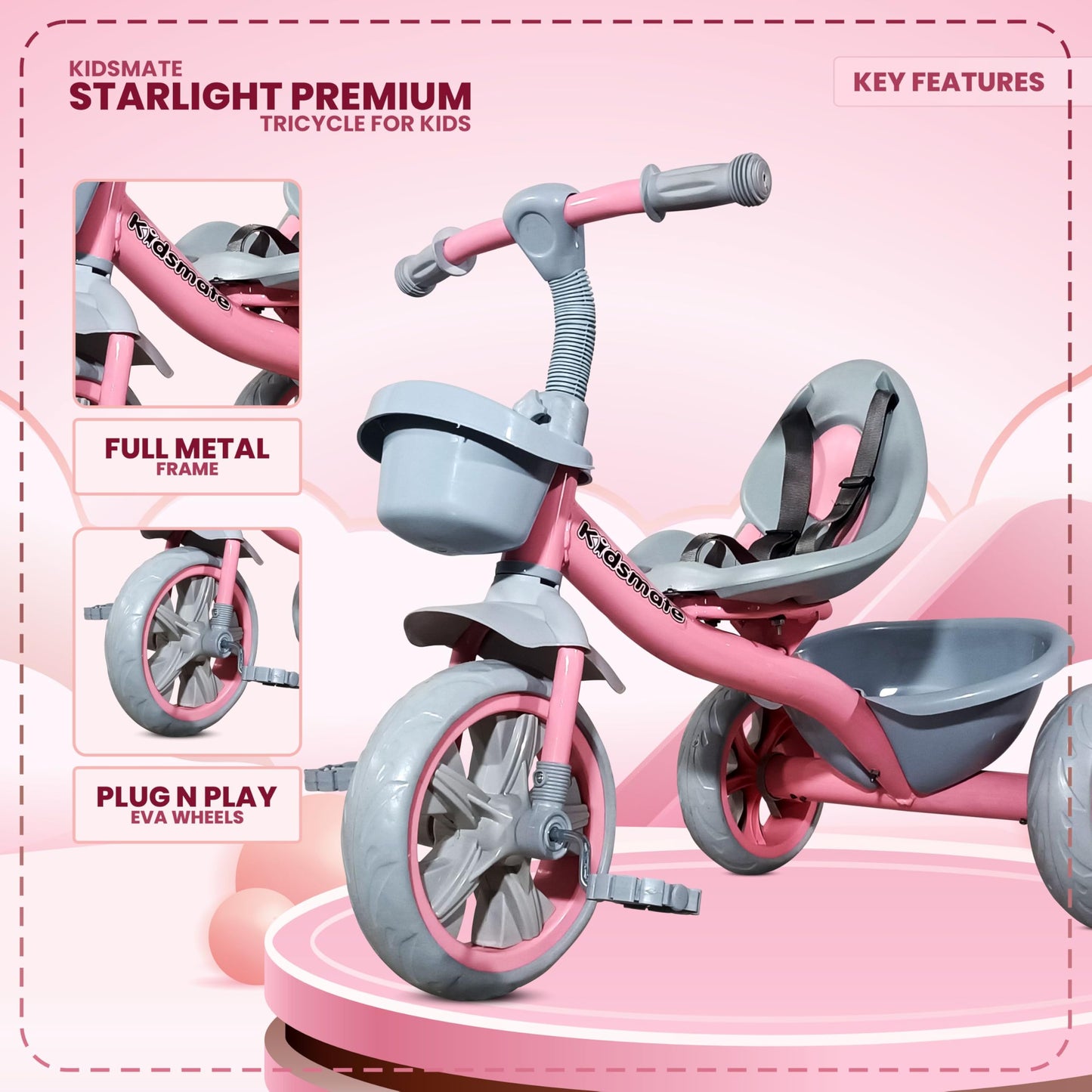 Kidsmate Junior Tricycle for Kids with Parental Control | Cycle for Kids 1-4 Years | Baby Cycle | Bicycle for Kids with Storage Basket, Cushion Seat and Seat Belt Carrying Capacity 30 Kgs (Pink)