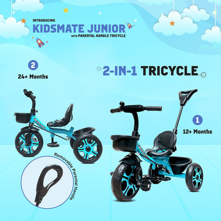 Kidsmate Junior Tricycle for Kids with Parental Control | Cycle for Kids 1-4 Years | Baby Cycle | Bicycle for Kids with Storage Basket, Cushion Seat and Seat Belt Carrying Capacity 30 Kgs (Blue) 