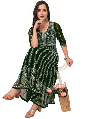 EthnicJunction Women's Lucknowi Chikankari Embroidered Thread Work Georgette Anarkali Kurta