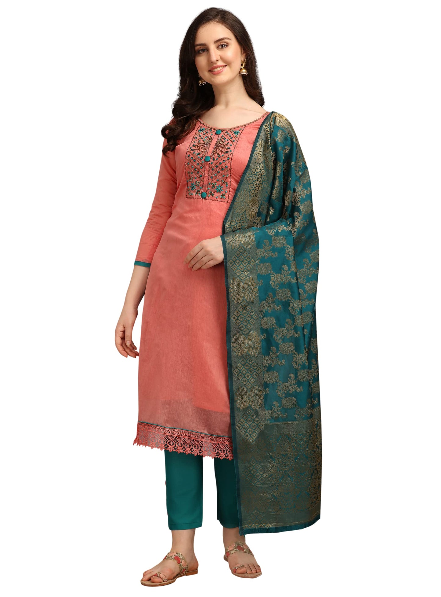 EthnicJunction Women's Chanderi Cotton Hand Embroidered Work Unstitched Salwar Suit Material With Banarasi Dupatta