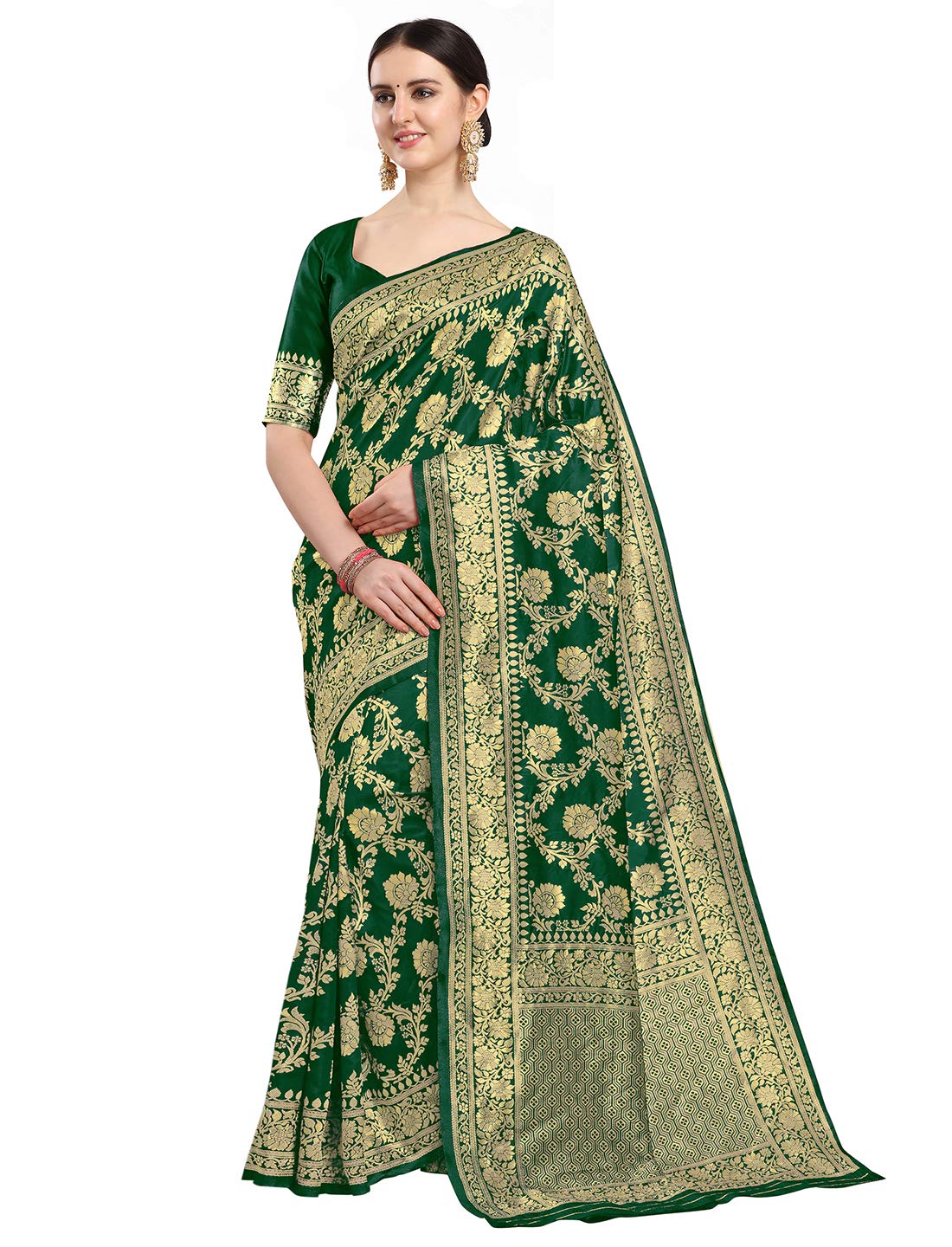 EthnicJunction Women's Kanchipuram Silk Half and Half Woven Saree With Blouse Piece