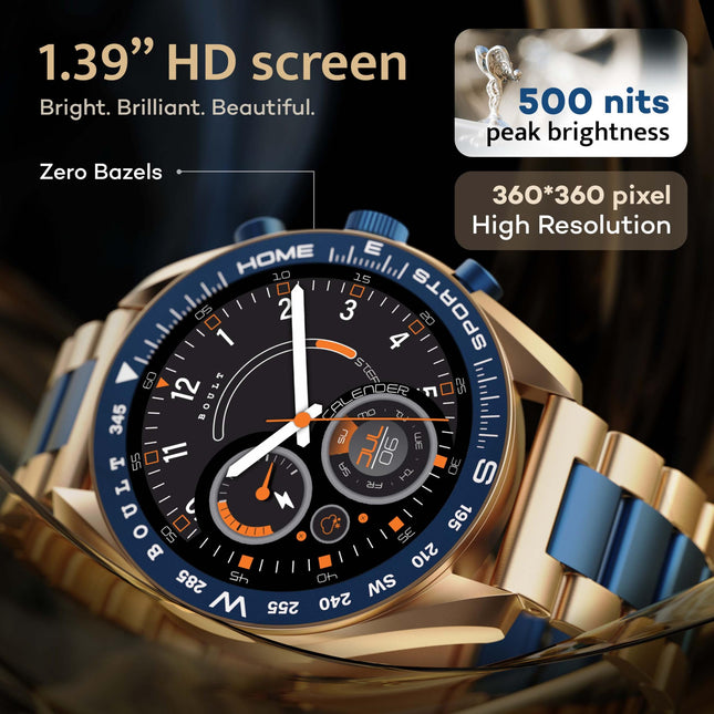 Boult Newly Launched Mirage Smart Watch 1.39''HD Screen, Bluetooth Calling, IP67, Zinc Alloy Frame, 500 Nits Brightness, AI Voice Assistant, SpO2 Monitoring, 120+ Sports Mode (Amber Blue) 