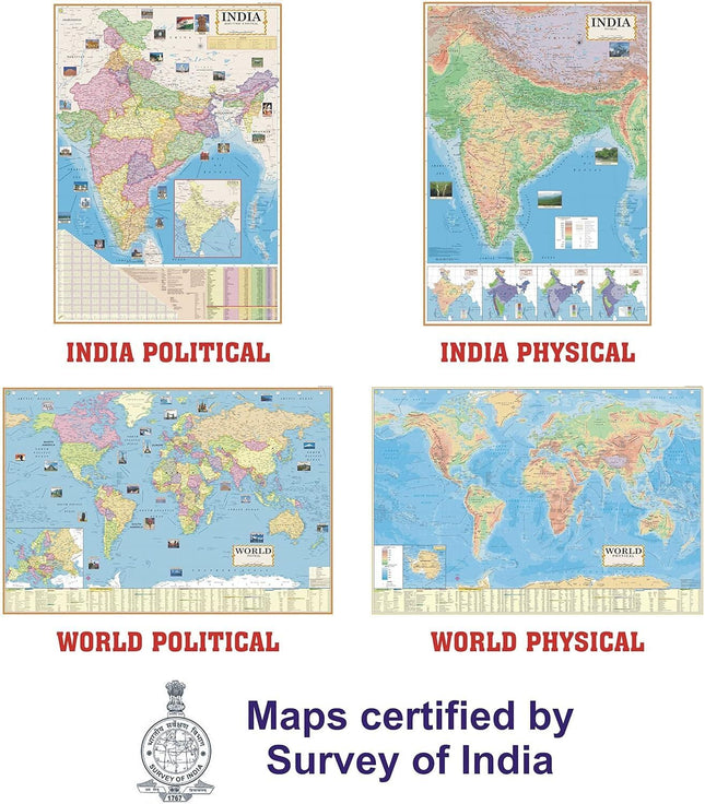 India & World Map ( Both Political & Physical ) with Constitution of India, Indian History, Indian Economy & Geographical Terms Chart | Set Of 8 | Useful for UPSC and other competitive exam preparation | by Hivex Publication 