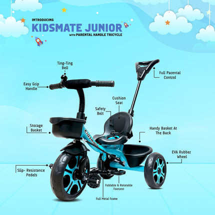 Kidsmate Junior Tricycle for Kids with Parental Control | Cycle for Kids 1-4 Years | Baby Cycle | Bicycle for Kids with Storage Basket, Cushion Seat and Seat Belt Carrying Capacity 30 Kgs (Blue) 