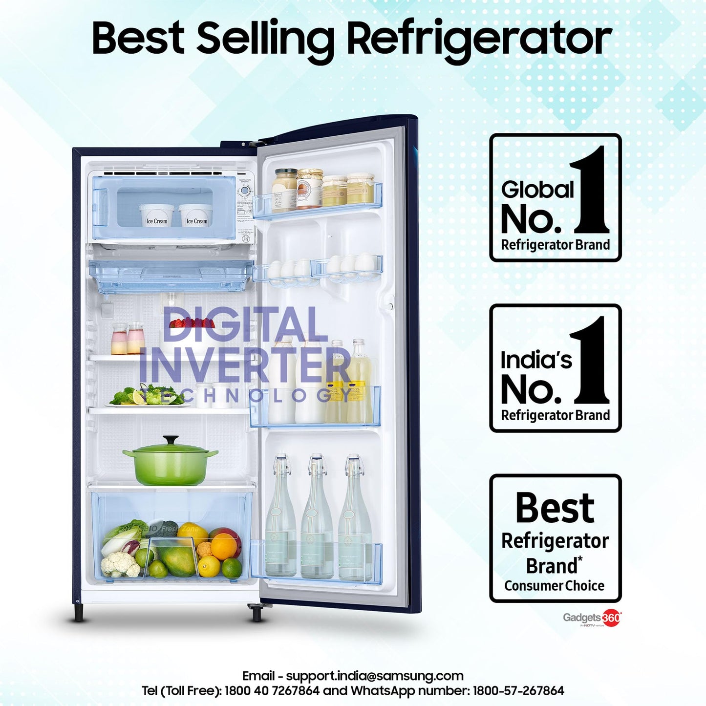 Samsung 183 L, 5 Star, Digital Inverter, Direct-Cool Single Door Refrigerator (RR20D2825HV/NL, Himalaya Poppy Blue, Base Stand Drawer, 2024 Model)