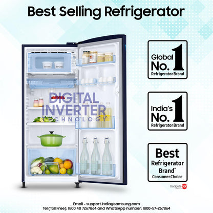 Samsung 183 L, 5 Star, Digital Inverter, Direct-Cool Single Door Refrigerator (RR20D2825HV/NL, Himalaya Poppy Blue, Base Stand Drawer, 2024 Model)